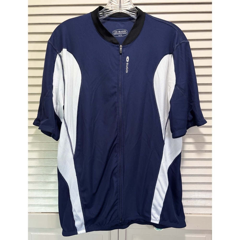 SUGOI Men's XL Zip Up Cycling Jersey‎ Shirt Blue/White Pockets Elastic Bottom